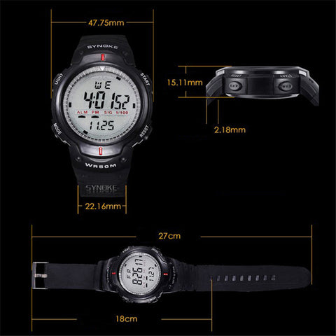 New Fashion Men Sport Watches SYNOKE Brand LED Electronic Digital Watch 50M Waterproof Outdoor Dress Wristwatches Military Watch