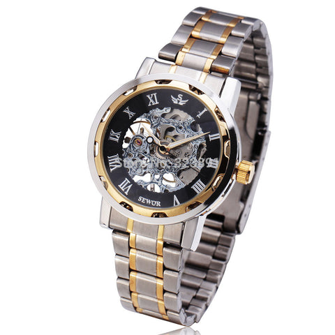 2014 new fashion skeleton full steel band men clock SWOR stylish design classic army mechanical hand wind wrist dress watch