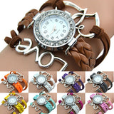 Girl's Knitting Faux Leather Band Love Heart Charm Rhinestone Bracelet Watch