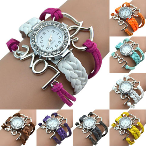 Girl's Knitting Faux Leather Band Love Heart Charm Rhinestone Bracelet Watch