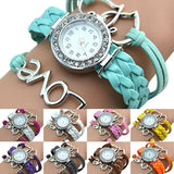 Girl's Knitting Faux Leather Band Love Heart Charm Rhinestone Bracelet Watch