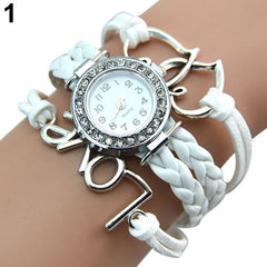 Girl's Knitting Faux Leather Band Love Heart Charm Rhinestone Bracelet Watch