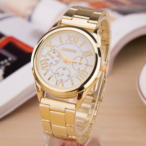 Hot Luxury Geneva Fashion Women Ladies Watches Gold Stailess Steel Roman Numerals Analog Quartz Wrist Watch