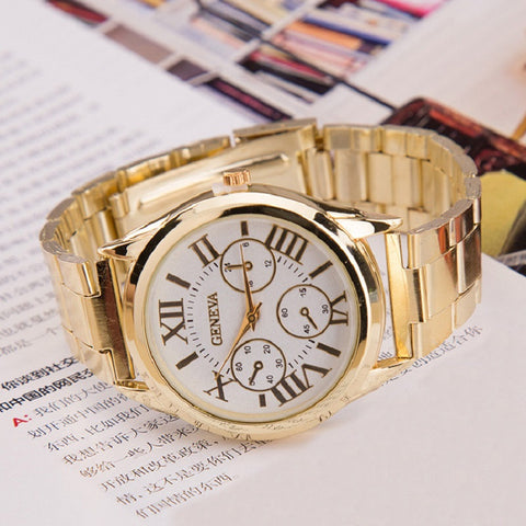 Hot Luxury Geneva Fashion Women Ladies Watches Gold Stailess Steel Roman Numerals Analog Quartz Wrist Watch