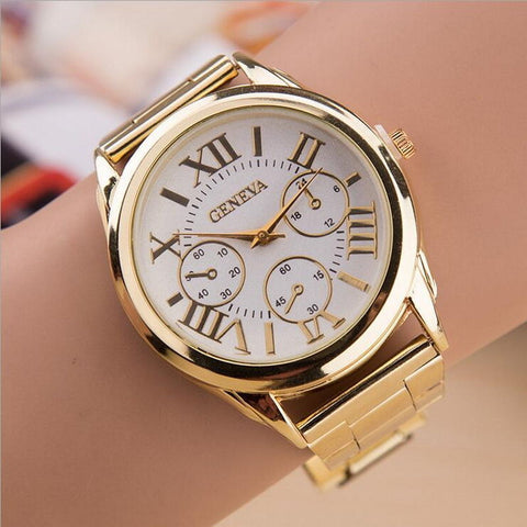 Hot Luxury Geneva Fashion Women Ladies Watches Gold Stailess Steel Roman Numerals Analog Quartz Wrist Watch