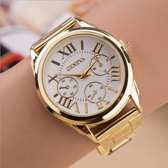 Hot Luxury Geneva Fashion Women Ladies Watches Gold Stailess Steel Roman Numerals Analog Quartz Wrist Watch