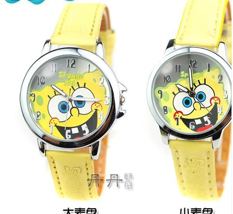 Hot Selling Fashion Spongebob cartoon watch children leather strap watches kids quartz wristwatches Best Gifts